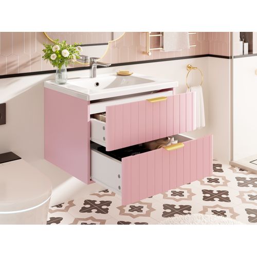 Meuble Sous-vasque Suspendu 60,5 Cm Avec Lavabo Céramique Et Rangements, Rose Élégant