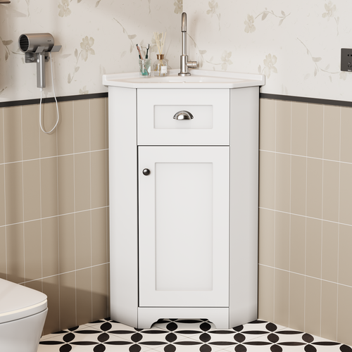 Meuble Sous-vasque Sur Pied Compact Avec Lavabo Céramique Et Rangement, Blanc Classique