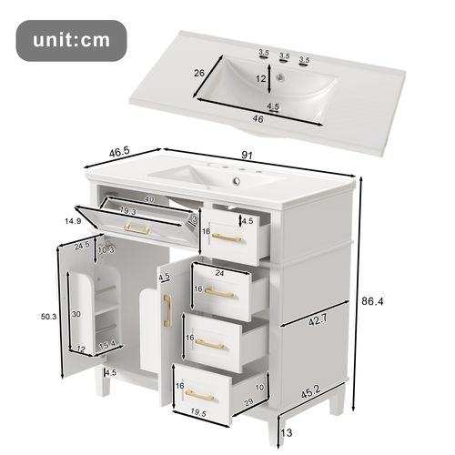 Meuble Salle De Bain Sur Pied 90 Cm Blanc Laqué Avec Vasque Céramique Et Rangements Multiples