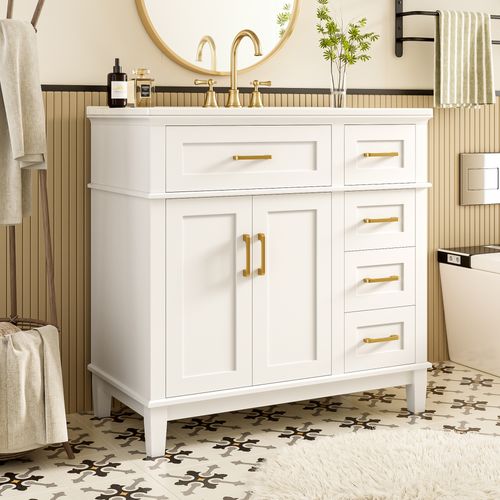 Meuble Salle De Bain Sur Pied 90 Cm Blanc Laqué Avec Vasque Céramique Et Rangements Multiples