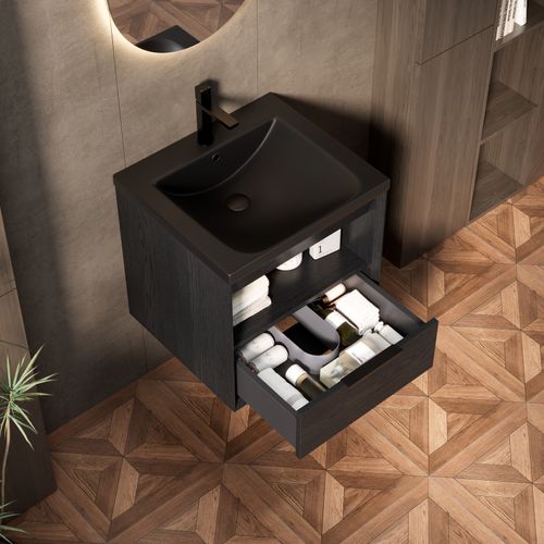 Meuble Suspendu De Salle De Bain 51 Cm Avec Lavabo Intégré En Céramique Noir Et Rangement Élégant