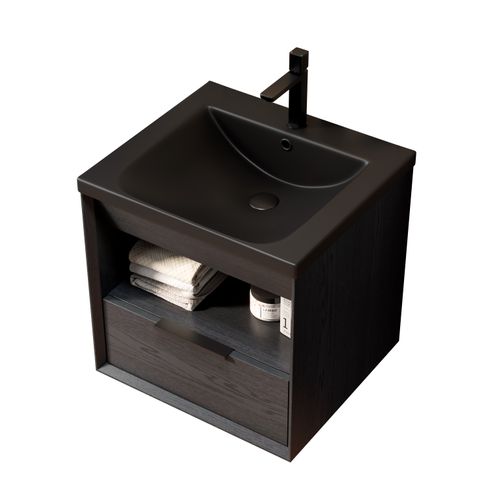 Meuble Suspendu De Salle De Bain 51 Cm Avec Lavabo Intégré En Céramique Noir Et Rangement Élégant
