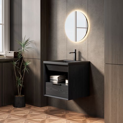 Meuble Suspendu De Salle De Bain 51 Cm Avec Lavabo Intégré En Céramique Noir Et Rangement Élégant
