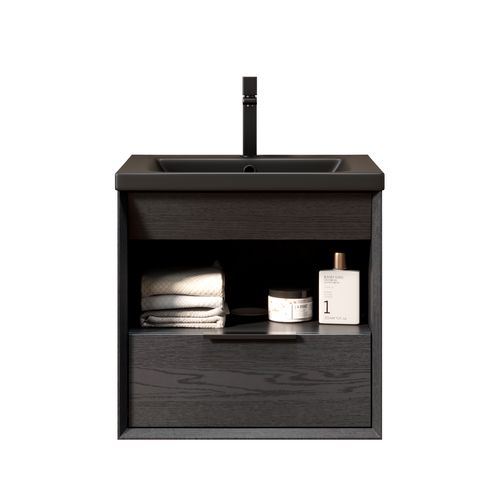 Meuble Suspendu De Salle De Bain 51 Cm Avec Lavabo Intégré En Céramique Noir Et Rangement Élégant