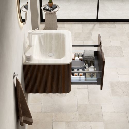 Meuble Suspendu 60 cm Pour Salle De Bain Avec Lavabo Intégré Roma Travertin Et Tiroir LED
