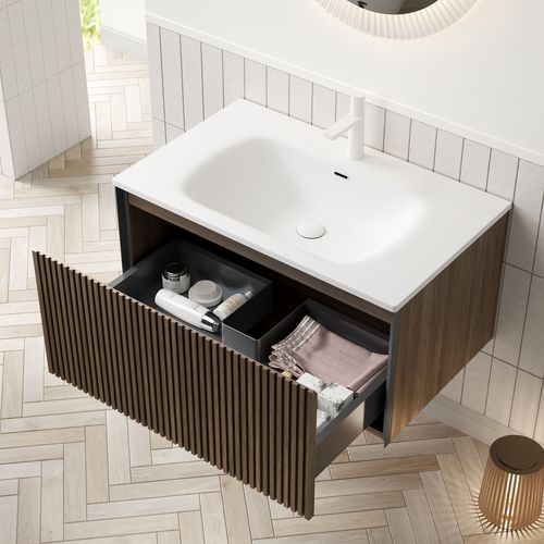 Meuble Suspendu 80 cm Pour Salle De Bain Avec Lavabo Intégré En Résine Blanche Et Tiroir En Chêne