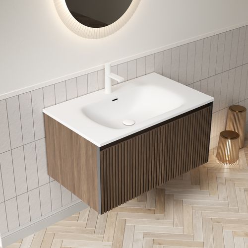 Meuble Suspendu 80 cm Pour Salle De Bain Avec Lavabo Intégré En Résine Blanche Et Tiroir En Chêne