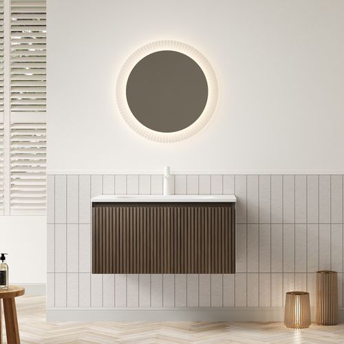 Meuble Suspendu 80 cm Pour Salle De Bain Avec Lavabo Intégré En Résine Blanche Et Tiroir En Chêne