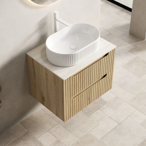 Meuble Suspendu 60 cm Pour Salle De Bain Avec Lavabo Ovale Intégré En Travertin Et Tiroirs En Chêne