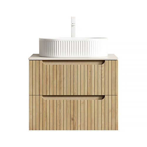 Meuble Suspendu 60 cm Pour Salle De Bain Avec Lavabo Ovale Intégré En Travertin Et Tiroirs En Chêne