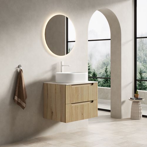 Meuble Suspendu 60 cm Pour Salle De Bain Avec Lavabo Ovale Intégré En Travertin Et Tiroirs En Chêne