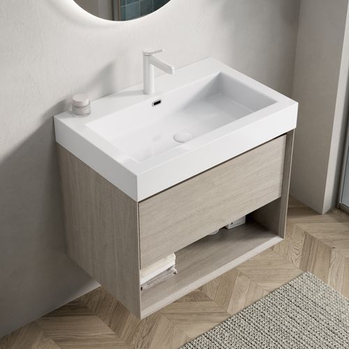 Meuble Suspendu 70 cm Pour Salle De Bain Avec Lavabo Intégré En Résine Et Étagère Ouverte En Chêne