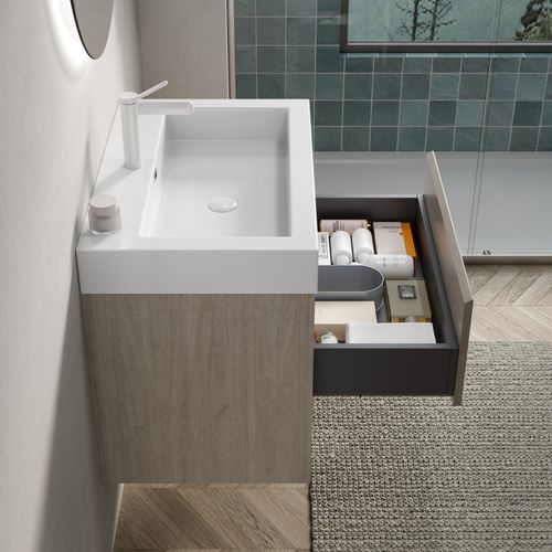 Meuble Suspendu 70 cm Pour Salle De Bain Avec Lavabo Intégré En Résine Et Étagère Ouverte En Chêne