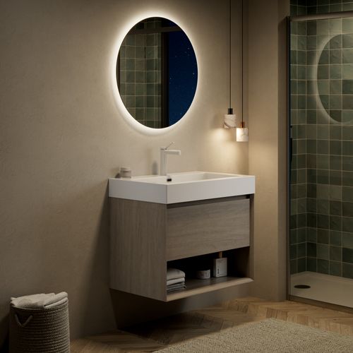 Meuble Suspendu 70 cm Pour Salle De Bain Avec Lavabo Intégré En Résine Et Étagère Ouverte En Chêne