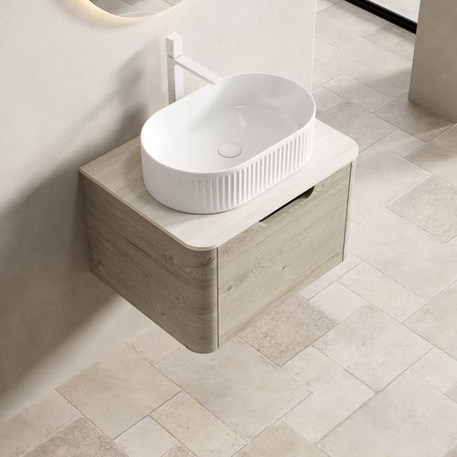 Meuble Vasque Suspendu 60 Cm Prémonté Avec Vasque Ovale Blanche Et Plateau Travertin Chêne Crème