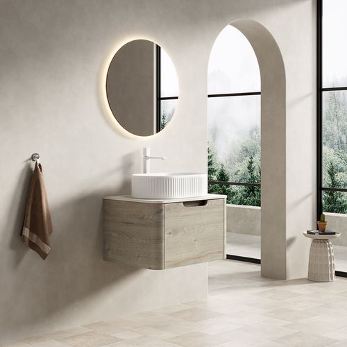 Meuble Vasque Suspendu 60 Cm Prémonté Avec Vasque Ovale Blanche Et Plateau Travertin Chêne Crème