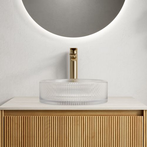 Vasque à Poser Ronde 36 Cm En Verre Cristal Transparent Strié Sans Robinet