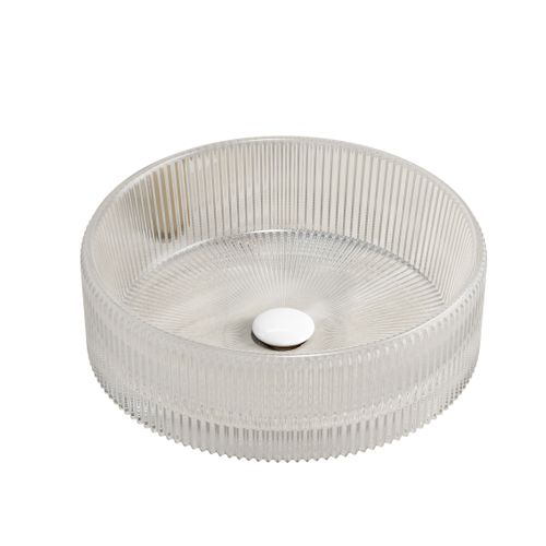 Vasque à Poser Ronde 36 Cm En Verre Cristal Transparent Strié Sans Robinet