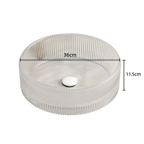 Vasque à Poser Ronde 36 Cm En Verre Cristal Transparent Strié Sans Robinet