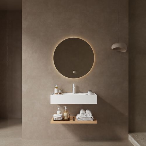 Meuble Vasque Suspendu 75 Cm Avec Vasque Rectangulaire Blanche Et Étagère Bois Naturel