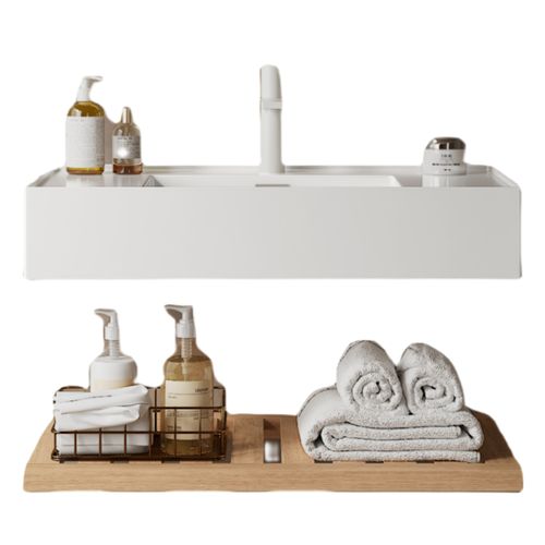 Meuble Vasque Suspendu 75 Cm Avec Vasque Rectangulaire Blanche Et Étagère Bois Naturel
