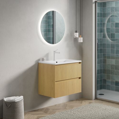 Meuble Vasque Mural 61 Cm Prémonté Avec Vasque Céramique Blanche Et Tiroirs Bois Collora