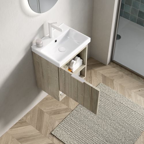 Meuble Lave-mains Mural 42 Cm Avec Vasque Céramique Blanche, Portes Bois Et Étagère Ouverte
