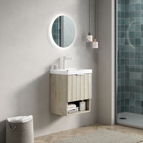 Meuble Lave-mains Mural 42 Cm Avec Vasque Céramique Blanche, Portes Bois Et Étagère Ouverte