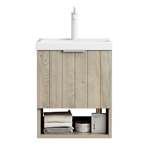 Meuble Lave-mains Mural 42 Cm Avec Vasque Céramique Blanche, Portes Bois Et Étagère Ouverte