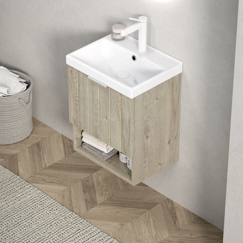 Meuble Lave-mains Mural 42 Cm Avec Vasque Céramique Blanche, Portes Bois Et Étagère Ouverte