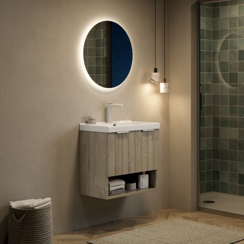 Meuble Lave-mains Mural 55 Cm Avec Vasque Céramique Blanche, Portes Bois Et Étagère Ouverte