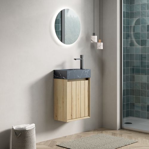 Meuble Lave-mains Mural 40 Cm Avec Vasque En Marbre Noir Et Porte Bois Blanc Chêne