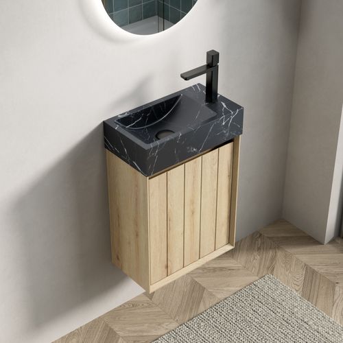 Meuble Lave-mains Mural 40 Cm Avec Vasque En Marbre Noir Et Porte Bois Blanc Chêne