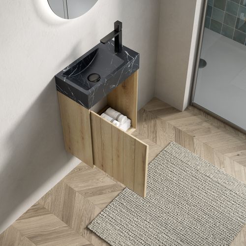 Meuble Lave-mains Mural 40 Cm Avec Vasque En Marbre Noir Et Porte Bois Blanc Chêne