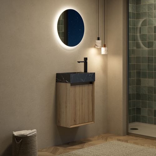 Meuble Lave-mains Mural 40 Cm Avec Vasque En Marbre Noir Et Porte Bois Blanc Chêne