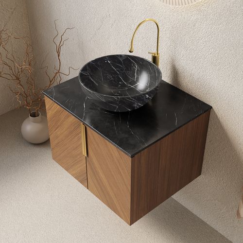 Meuble Vasque Mural 61 Cm Avec Plan Noir Sinterstone Et Placage Bois Espresso