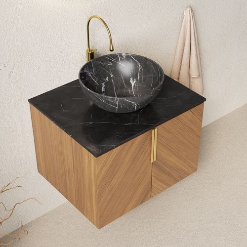 Meuble Vasque Mural 61 Cm Avec Plan Noir Sinterstone Et Placage Bois Espresso