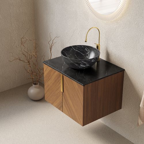 Meuble Vasque Mural 61 Cm Avec Plan Noir Sinterstone Et Placage Bois Espresso