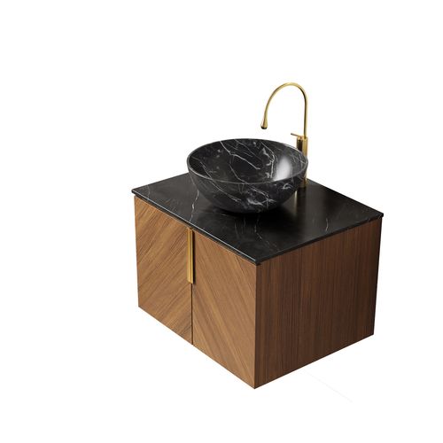 Meuble Vasque Mural 61 Cm Avec Plan Noir Sinterstone Et Placage Bois Espresso