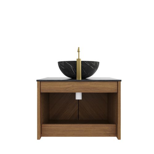 Meuble Vasque Mural 61 Cm Avec Plan Noir Sinterstone Et Placage Bois Espresso