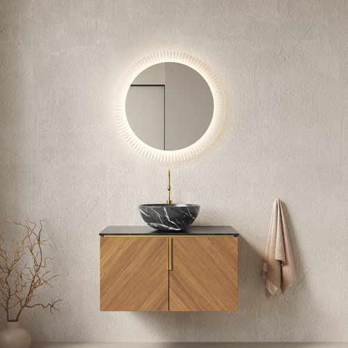 Meuble Vasque Mural 76 Cm Avec Lavabo Céramique Noir Et Plan Sinterstone