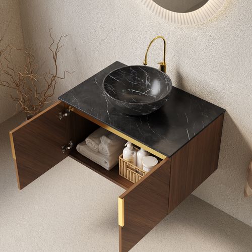 Meuble Vasque Mural 76 Cm Avec Lavabo Céramique Noir Et Plan Sinterstone