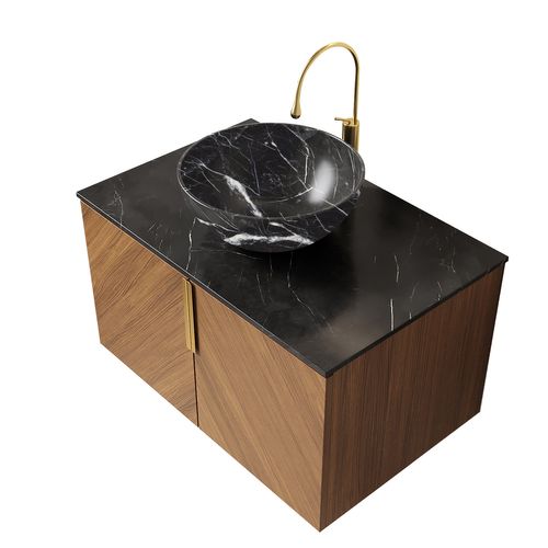 Meuble Vasque Mural 76 Cm Avec Lavabo Céramique Noir Et Plan Sinterstone
