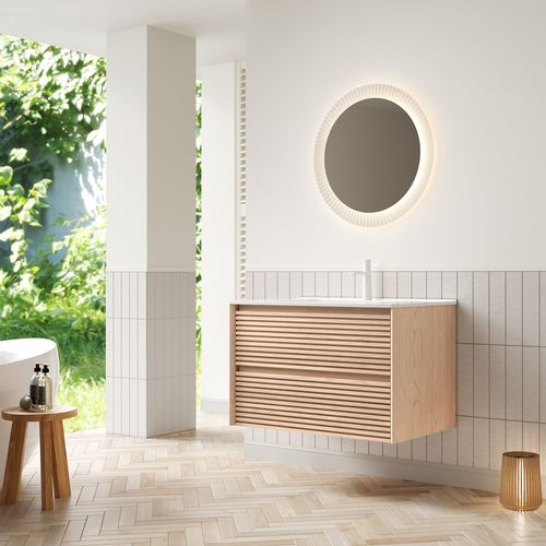 Meuble Vasque Mural 81 Cm Avec Lavabo Céramique Blanc Et Placage Bois Noix