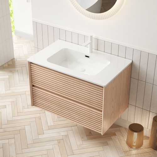 Meuble Vasque Mural 81 Cm Avec Lavabo Céramique Blanc Et Placage Bois Noix