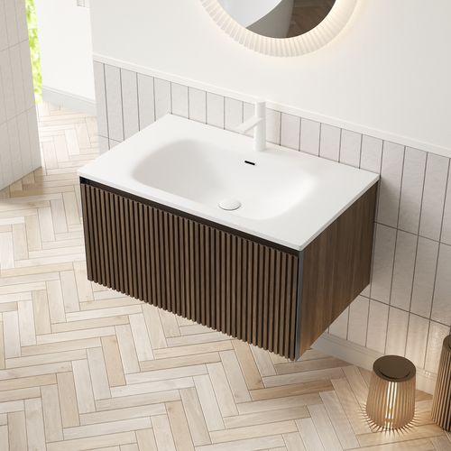 Meuble Vasque Mural 80 Cm Avec Lavabo Céramique Blanc Et Placage Bois Chêne
