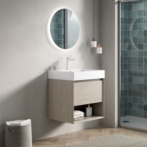 Meuble Vasque Mural 55 Cm Avec Lavabo Résine Blanc Et Placage Bois Chêne Clair