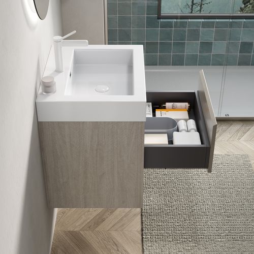 Meuble Vasque Mural 55 Cm Avec Lavabo Résine Blanc Et Placage Bois Chêne Clair