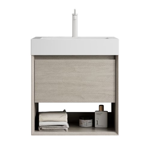 Meuble Vasque Mural 55 Cm Avec Lavabo Résine Blanc Et Placage Bois Chêne Clair