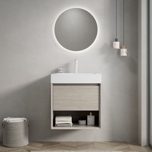 Meuble Vasque Mural 55 Cm Avec Lavabo Résine Blanc Et Placage Bois Chêne Clair